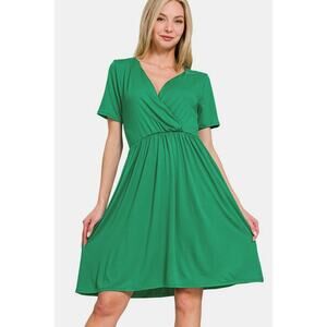 ZENANA Green Surplice Short Sleeve Brushed DTY Dress NEW Spring Summer Medium